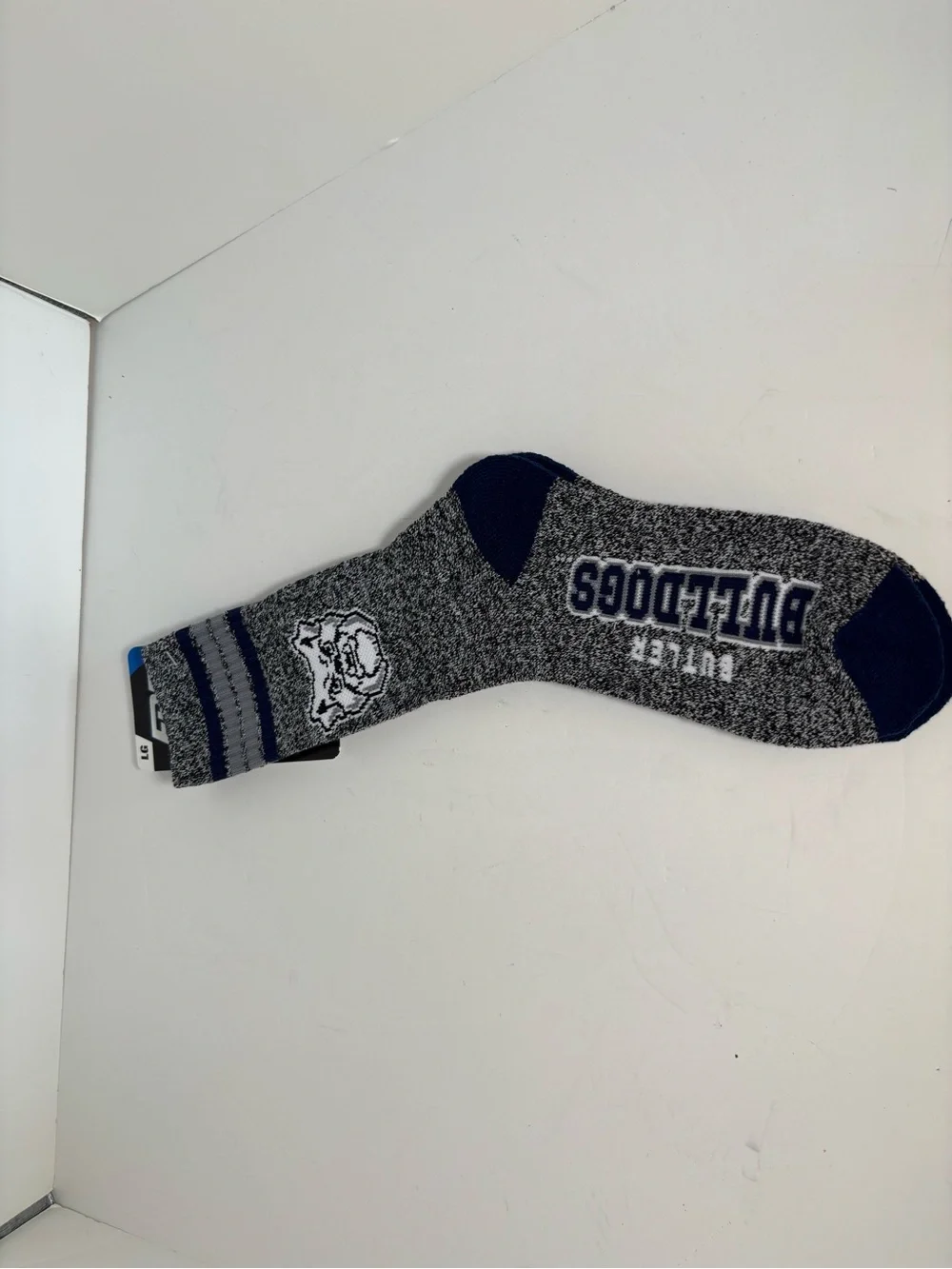 F3F Butler Bulldogs gray socks with blue stripes and white bulldog logo large